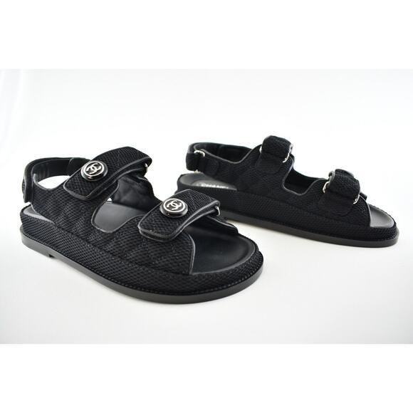 Chanel 21C Black Fabric Silver Logo Mule Slide Strap Flat Teva Dad Sandal 40.5 - Picture 6 of 11